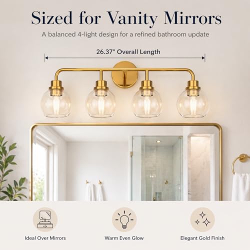 Image of DORESshop Bathroom Light Fixtures, 4-Light Gold Vanity Lights Over Mirror, Wall Lamp Clear Glass for Living Room Decor Bedroom Porch Cabinet
