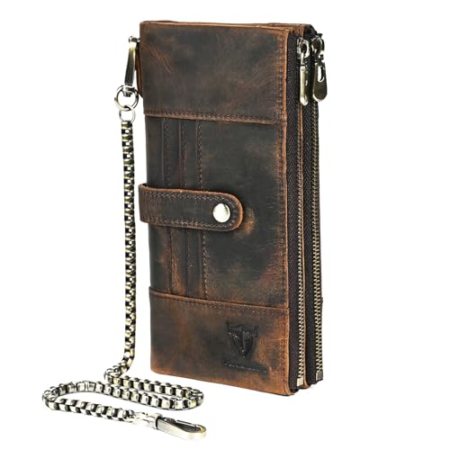 Image of Genuine Crazy Horse Leather Travel Gift Coin Pocket Card Case Long Organizer Chain Rfid Wallet Purse With Snap For Men Male 1803 1815 (1822 Brown)