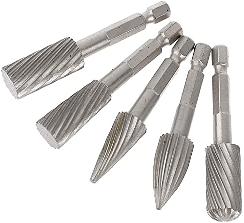 Bestgle 5pcs 1/4 inch Hex Shank Rotary Burr Set, HSS Wood Carving Rotary Rasp File Electric Grinding Tool