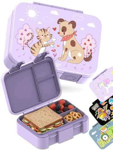 Image of BEARFOOT Kids Lunch Box with Compartments - Compact & Lightweight | Leak-Proof, BPA-Free, Dishwasher Safe | Hand-Drawn Design for Preschool, School, Travel (Dog & Cat Purple, 2.75 Cups)