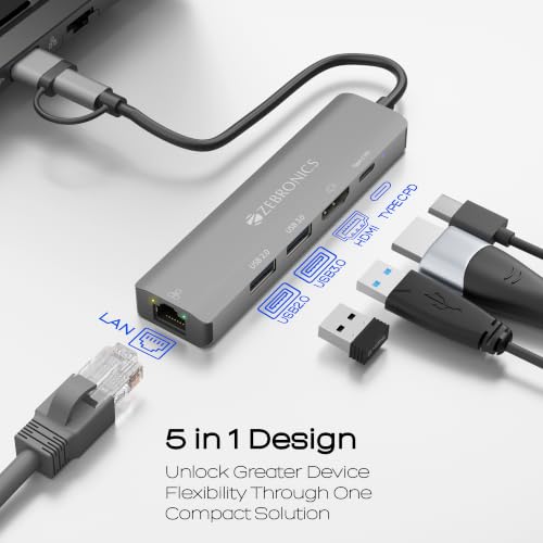 Image of Zebronics CT51 5-in-1 Hub, Dual Interface (USB & Type-C),100W Type-C PD Charging, HDMI 4K@30Hz, 5Gbps Transfer Speed, USB 2.0, USB 3.0, RJ45 100Mbps LAN, Metal Body, LED Indicator, Lightweight Build