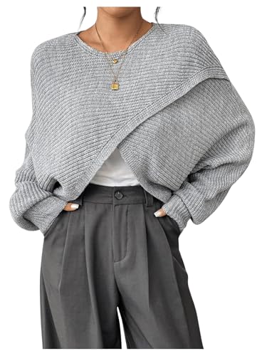 QJQ Women's 2025 Fall Long Sleeve Crewneck Cropped Sweater Lightweight Asymmetrical Wrap Tops Knit Pullover