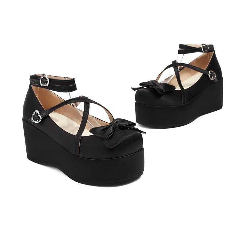 Elbslutt Womens Goth Mary Jane Shoes Platform Kawaii Cosplay Girls Lolita Shoes Round Toe Buckle Strap Chunky Wedge Heel Bow Lace Satin Bow Y2k Ankle Strap Dress Pumps Shoes Oxfords2