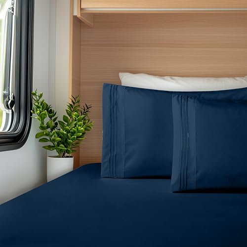 Image of Elegant Comfort Luxurious 1500 Premium Hotel Quality Microfiber Three Line Embroidered Softest 4-Piece Bed Sheet Set, Wrinkle and Fade Resistant, RV Short Queen, Navy
