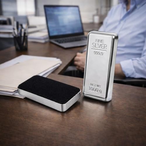 Image of ZAHEPA Realistic Metal Silver Bar Paperweight for Office Table, Fake Silver Biscuit Paper Weight Table Decoration, Prop for Jewellery Shop & Heist Theme, Unique Gift for Home & Office (Pack of 2)