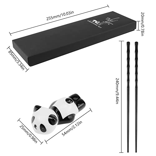 DXLing 2 works Chopsticks Fibreglass Reusable Bamboo Shape Chopsticks Chinese Style Black Chopstick Rest Gift Set including Panda Ceramic Chopsticks Holder and Case - Image 2