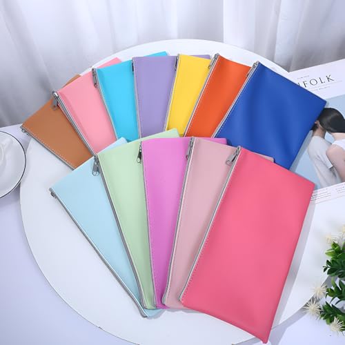 Geldtasche Set 12 Stück A5 – PU Leder Banktasche/Geldbeutel/Dokumententasche mit Reißverschluss – 12 Farben Cash Stuffing Budget Organizer für Haushalt, Reisen & Coupons