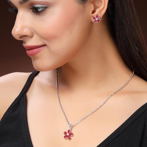 Image of ZENEME Rhodium Plated Silver Toned American Diamond Studded Floral Shaped Pendant Chain With Earrings Jewellery Set For Women And Girls