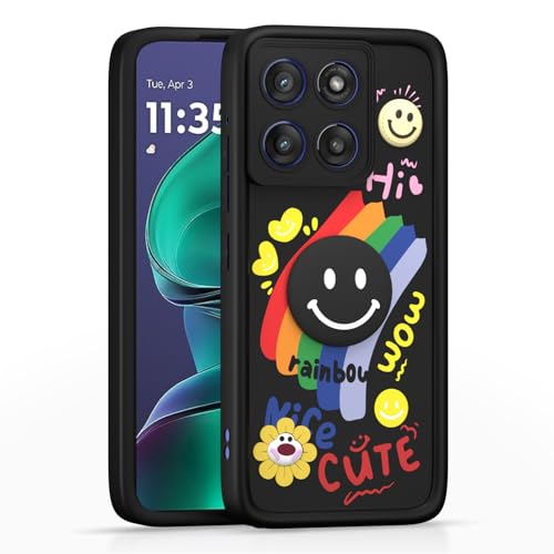 Image of Pikkme Back Cover for Motorola Moto Edge 60 Stylus 5G | Soft Silicone| Cute Rainbow Smile & 3D Cartoon Flower Design | Shockproof Raised Camera Protection Bumper Case (Black)