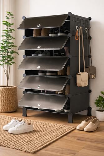 Image of 5 Shelf Shoe Rack with 5 Doors, Magnets, 5 Hook Steel Holder & Wooden Hammer for Home Storage PP Plastic Organizer with Metal Door Frame to Cover Chappal Slipper Sandals Shoes Box Stand (Black)