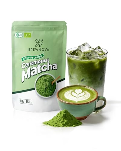 Brewnova Ceremonial Grade Matcha Powder - Premium Organic Shade-Grown Stone-Milled First Harvest Unsweetened Gluten-Free Vegan Green Tea for Matcha Latte, Teas & Recipes, 3.53oz Double-Seal Pack(100g)