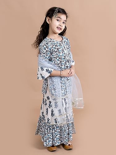 Pspeaches Girls Blue Floral Printed Gotta Patti Pure Cotton Kurti With Sharara Dupatta (Blue-3-4Y)