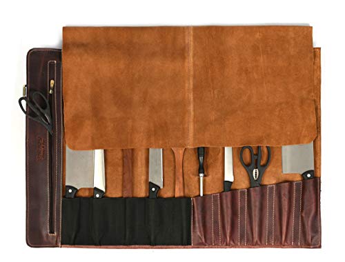 Leather Knife Roll Storage Bag, Elastic And Expandable 10 Pockets, Adjustable/Detachable Shoulder Strap, Travel-Friendly Chef Knife Case (Leather - Light Brown) #TOP1