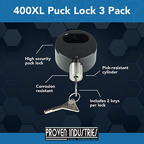 Image of Proven Industries Puck Lock Set, Model 400XL, 3-Pack, Hidden Shackle, Keyed Alike, 6061 Solid Aluminum, Shackle Opening 1 3 /4 x 1 3 /4 x 7 /8 in, Depth 1 1 /4 in, Made in USA, Black