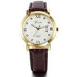 JewelryWe Herren Armbanduhr, Analog Quarz, Fashion Business Casual Kalender Braun Leder Armband Uhr mit Römischen Ziffern Zifferblatt