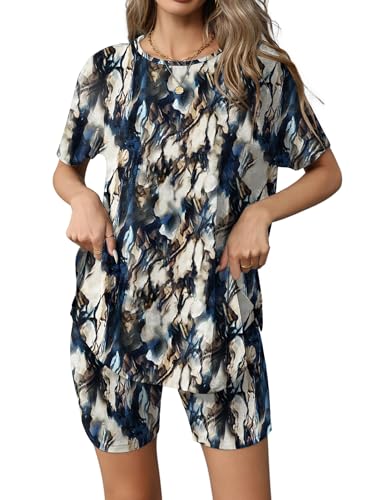 Image of Ekouaer Women's 2 Piece Lounge Set 2026 Summer Biker Shorts Set Outfits Short Sleeve Oversized Top Matching Tracksuit