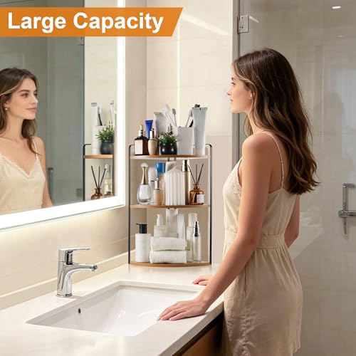 Image of 3 Tier Corner Bathroom Counter Organizer, Countertop Organizer, Makeup Organizer Countertop, Bathroom Storage Sink Shelf, Wooden and Metal Counter Shelf (Light Brown)
