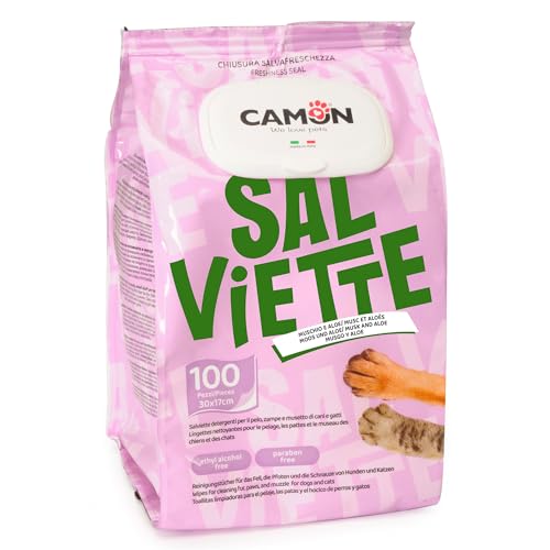 CAMON | Salviette Detergenti per Cani e Gatti, 30x17 cm, Confezione da 100 Pezzi, Fragranza Muschio e Aloe, Senza Alcool etilico né Parabeni, Made in Italy