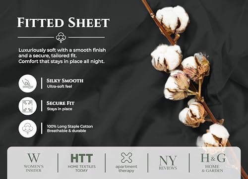 Image of Royale Linens 100% Organic Cotton Twin Fitted Sheet Only - Percale Weave - Super Soft Deep Pocket Bottom Sheets - Black Elastic Sheet - Twin Size Fitted Sheets Only - (39 inchx75 inch+15 inch, Black)