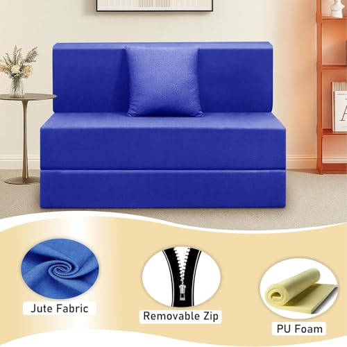 Image of Foldable 1-Seater, 3X6 Sofa Bed | Convertible Sofa Cum Bed with Cushion Jute Fabric Perfect for Living Rooms & Guest Rooms - Blue