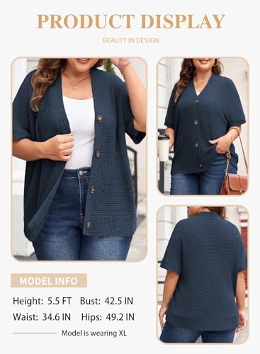 Image of Eytino Womens Plus Size Tops Casual V Neck Short Sleeve Waffle Knit Button Down Shirts(1X-5X)