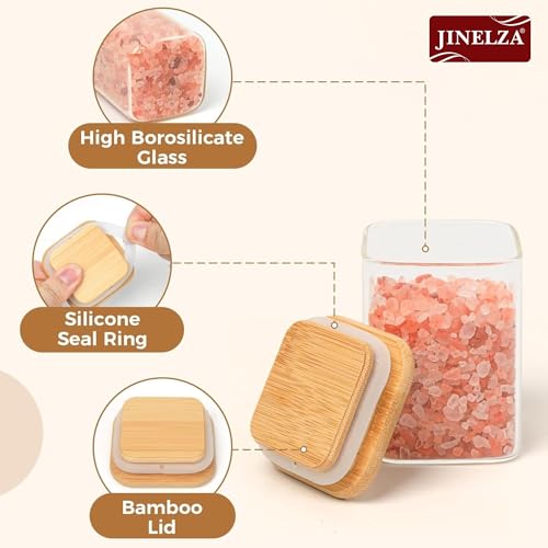 Jinelza Airtight clear glass storage canister with wood lid food storage container jar with sealing bamboo lid for kitchen storage and multipurpose use (220ML SQUARE JAR, 6 PCS)