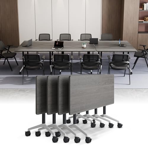 Folding Conference Room Tables with Wheel -Modern Large Modular Conference Table,Stackable Flip Top Training Meeting Table,Space Saving,for Seminar,Office,Classroom(Grey,55IN,4pack)