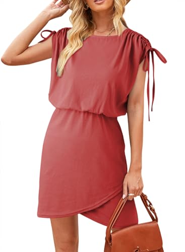 Image of Dokotoo Womens 2024 Summer Dress Drawstring Cap Sleeve Crew Neck Wrap Bodycon Dresses Mini Short Dress