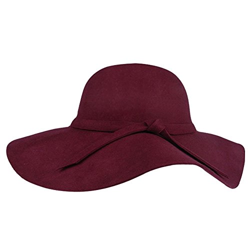 FUNOC Fashion Vintage Women Ladies Floppy Wide Brim Wool Felt Fedora Cloche Hat Cap WineRed