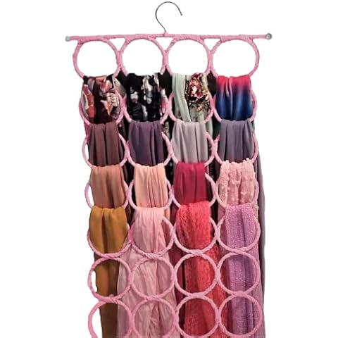 Scarf Hanger ~ Multiple Purpose Holder for Closet ~ Clutter Removing and Space-Saving Hanger for Scarves, Shawl, Belts & Accessories ~ Scarf Hanger 28 Rings (Blush Pink/Rose) Cover