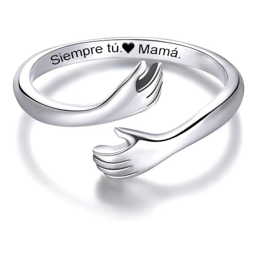 Bramart Anillo Mamá abrazo de plata de ley 925 ajustable – Regalo para mamá en Día de la Madre, cumpleaños o Navidad, joya emocional con caja de regalo incluida