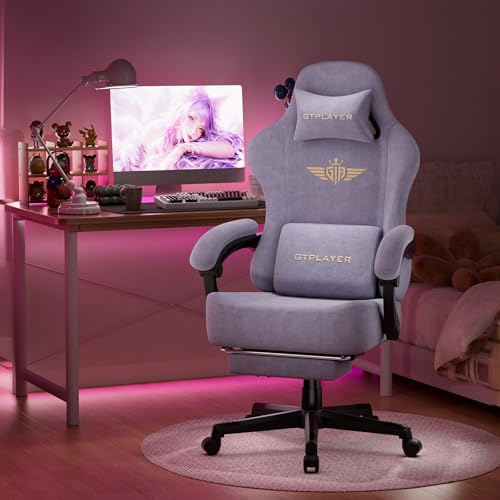 Image of GTPLAYER Big and Tall Gaming Chair Fabric with Pocket Spring Cushion, High Back Ergonomic Computer Chair with Footrest for Adults Lumbar Support Swivel Game Chair for Office 350LBS, Macaron Purple