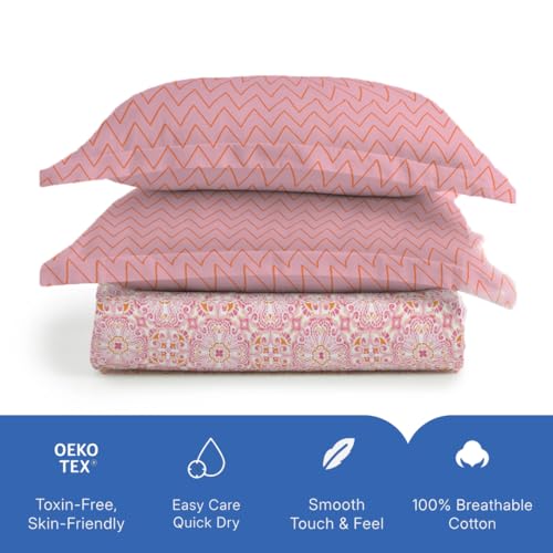 Image of Livspace Cotton Super King Size Bedsheet for Double Bed | 108 inch X 108 inch | 144 TC Flat Cotton Bedsheet with 2 Pillow Covers, Soft & Breathable, Bello Pure Nest Collection (Pink)