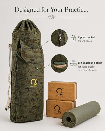 Image of O2 Yoga Mat Bag | Cotton Yoga Mat Carry Bag with Adjustable Double Straps | Bottle Holder & Zipper Pocket | Yoga Mat Cover Bag for Women & Men | Fits 2mm-10mm Mats | Lightweight - Military Green
