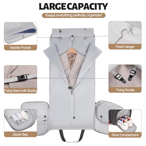 Garment Duffle Bags for Travel, Convertible Garment Bag for Men Women, Carry On Duffle Bag Backpack with Shoe Compartment & Toiletry Bag, 4 in 1 Hanging Suitcase Suit Travel Bags (Grey)4