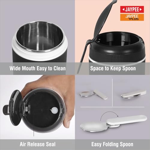 Image of JAYPEE SoloMeal PUF Insulated Inner Stainless Steel Food Jar with Foldable Spoon|Hot /Cold Meal Jar for Kids|Office Women |Men|Food Storage Traveling Box Light Weight |Scratch Resistant|500 ml, Black
