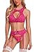 Aranmei Femme Ensemble de Lingerie 3 Pièces Chemise de Nuit Dentelle Nuisette Sexy Soutien-Gorge en Dentelle Brassière, Jarretière, G-String (Rose Rouge, XX-Large)