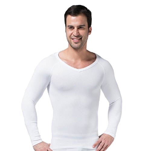 Stworld Mens Slimming Body Shaper V Neck Long Sleeves Abs Abdomen Insulated Underwear White