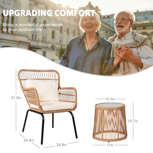 3 Piece Outdoor Wicker Furniture Bistro Set, Rattan Chairs Conversation Sets Wicker Patio Furniture for Balcony Poolside Backyard, Yellow/Beige - Image 4