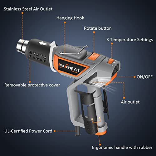 Heat Gun, Maxxheat 3-Temp Settings 122℉~1112℉(50°C~600°C) Fast Heating Hot Air Gun Kit With Pivoting Handle & 4 Nozzles For Crafts/Shrinking Tubing/Wrap/Striping Paint/Epoxy Resin(6.5Ft) #TOP4