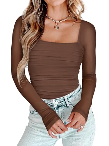 PINKMSTYLE Brown Sexy Long Sleeve Mesh Bodysuit for Women Sheer Top Going Out Clubwear, Concert Outfit, Date Night Shirt