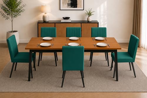Image of Rosebell 6 Seater Dining Table Set with Cushioned Chairs | Modern Dining Table for Home, Dining Room & Kitchen | Black Metal Legs | Green