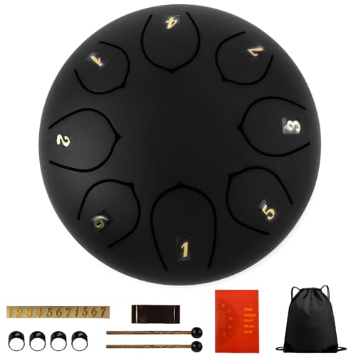 YAYUZEST Rain Chime Drum - 8 Note 6.5 Inch Rain Drum for Outside Garden, with Bag, Music Book, Drumsticks, Mallet Holder and Finger Paddles, Steel Tongue Drum for Gift Yoga Education (Black)