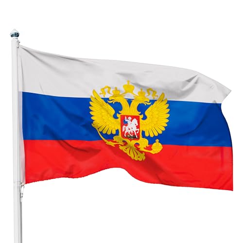 PHENO FLAGS Drapeau Russie avec aigle 90x150cm – russe imperial - résistant aux intempéries, avec œillets en laiton, 100% polyester, coutures doubles robustes et couleurs éclatantes