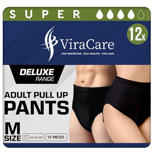 12 x Black Incontinence Pants Women & Men | Super Pull Up Pants | Adult Nappies | High Absorption and Soft-Stretch Waistband | Waist Size Medium 65-135 cm | (Medium, 1 Pack of 12)