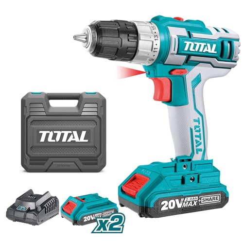 TOTAL - Taladro Atornillador a Batería P20S de 20V - Portabrocas Automático hasta 10 mm - 15 posiciones de apriete y una de taladro - 2 Velocidades y Luz LED - Con 2 Baterías 2 Ah, Cargador, Maletín