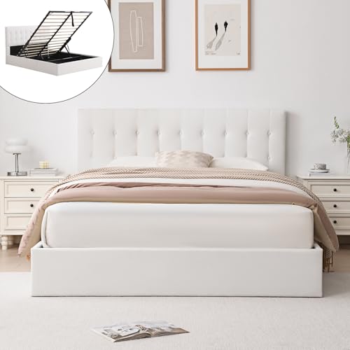 VELOCAVA Full Size White Lift-Up Storage Bed, Linen-Textured Upholstered Platform Frame with Hydraulic Under-Bed Storage, Button-Tufted Headboard, Sturdy Wooden Slats, No Box Spring Needed