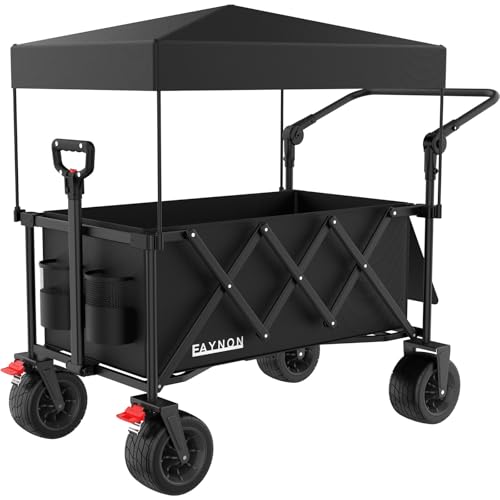 3 in 1 Collapsible Wagon with 300lbs Weight Capacity,150L Heavy Duty Utility Cart with Removable Canopy,with Big All-Terrain Beach Wheels & Drink Holders,Black