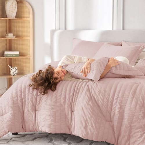 Image of MUXHOMO 7 Pieces Oversized King Comforter Set, Seersucker Bed in a Bag Oversized King Size, All Season Luxury Bedding Set with Comforter, Flat Sheet, Fitted Sheet, Pillowcases & Shams, Rose Gold