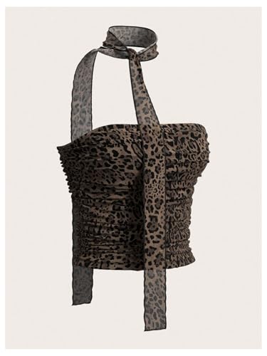 MakeMeChic Women's Strapless Leopard Mesh Tube Top Sleeveless Ruched Bandeau Crop Festival Rave Tops with Scarf3